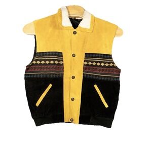 Vtg Leather Sherpa Aztec Navajo Tribal Leather Vest Mens Large Western Ranchwear
